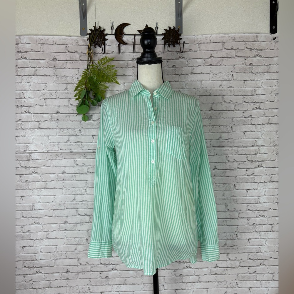 J. Crew Mint Green Candy Stripe Half Button Blouse - image 1